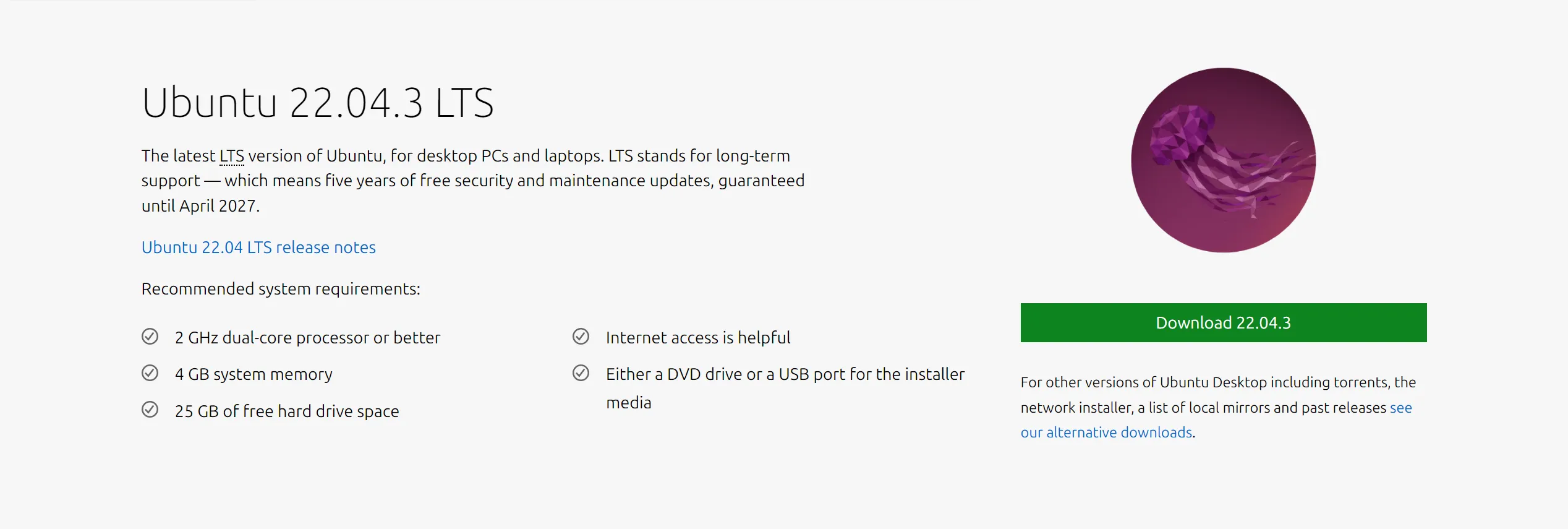 Ubuntu 22.04 LTS下载页面