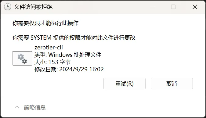 需要 SYSTEM 提供的权限才能对此文件进行更改