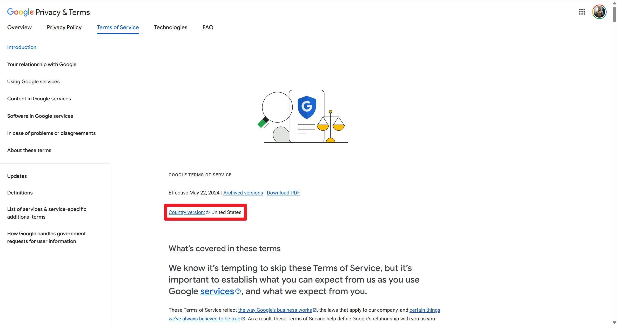 Google 服务条款页面