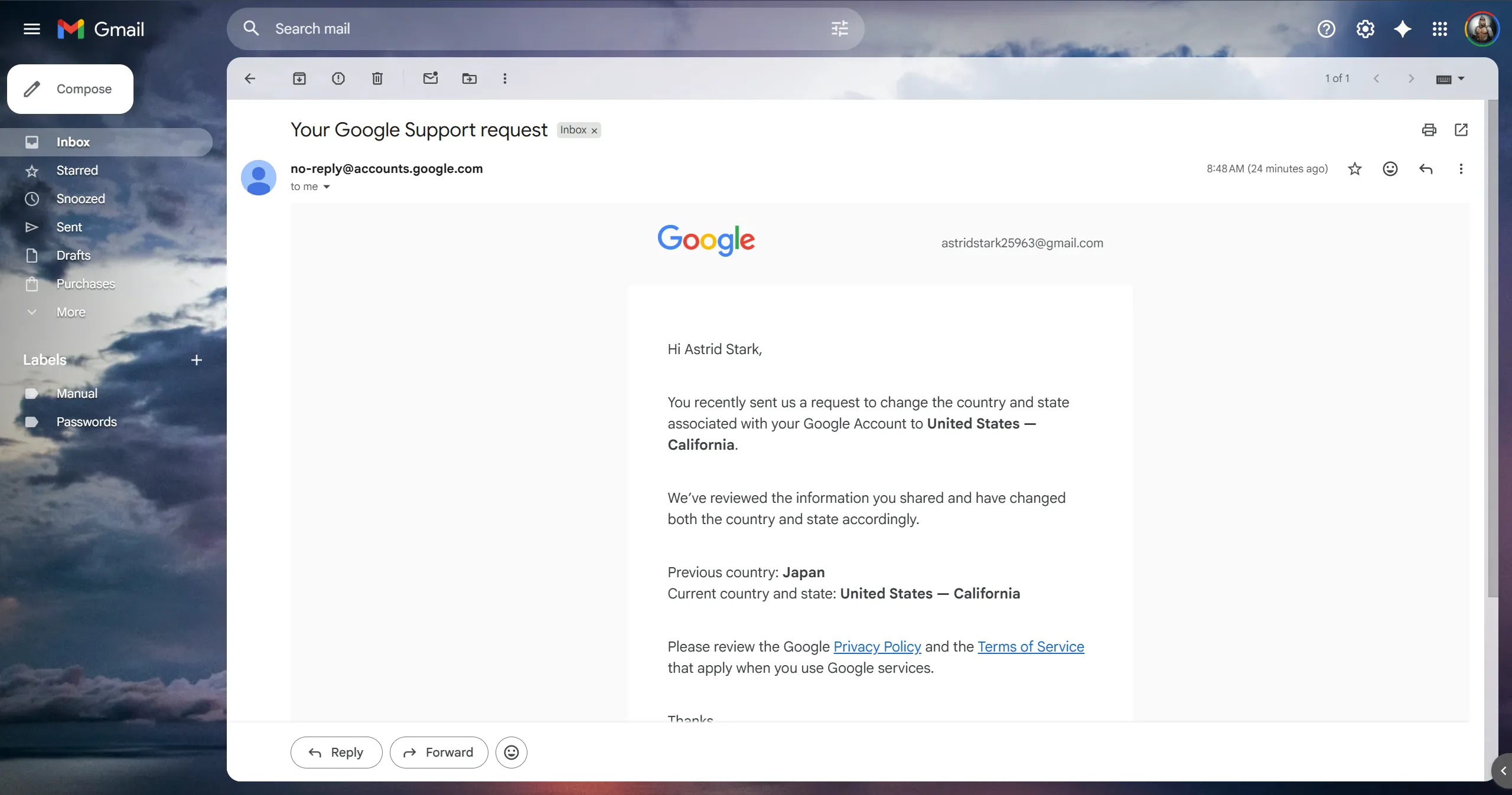 更改账号归属地成功邮件